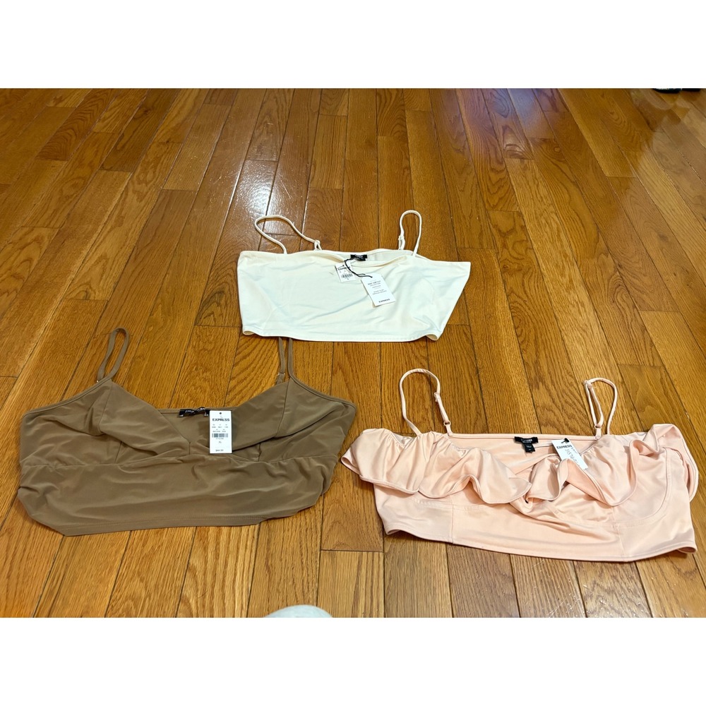Express Body Contour Crop Top Bundle XL White Brown Pink Ruffle Ruched 3pc NEW